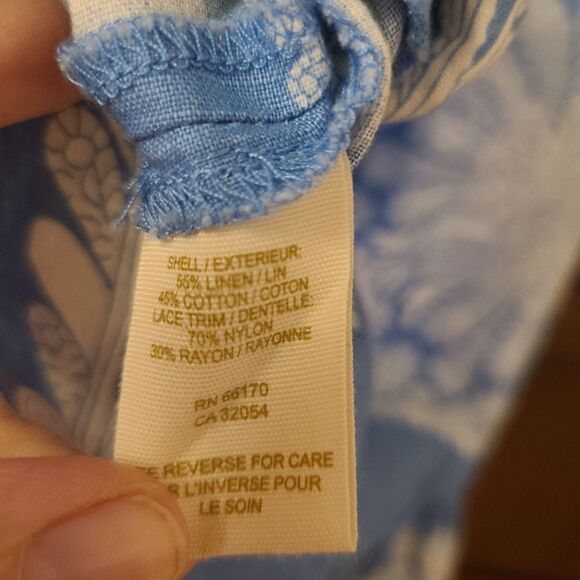 Vintage Free People Blue & White Lace Trim Linen Mini Shift Dress Y2K - Picture 7 of 8